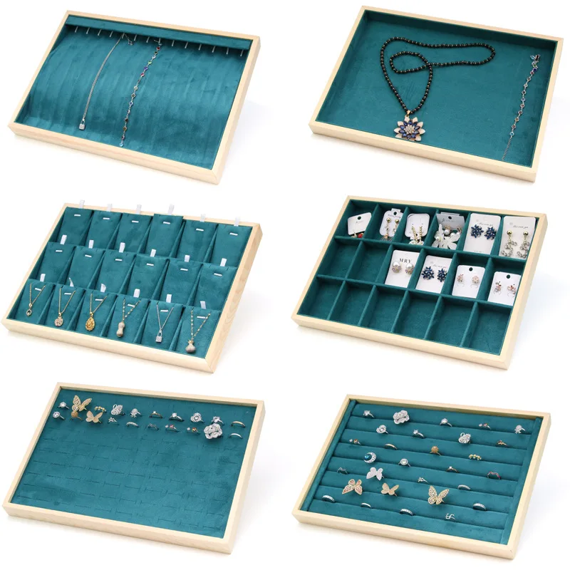 

Engrave Logo Wood Jewelry Display Tray for Rings Necklace Bracelet Bangle Earrings Pendant Accessory, Green suede