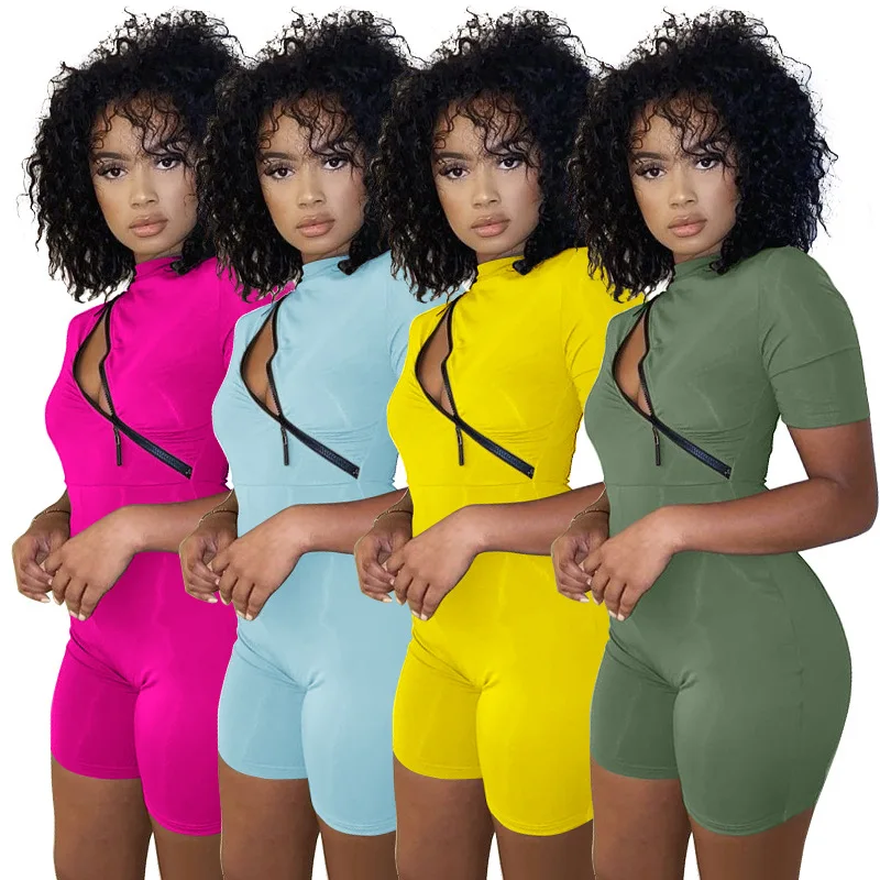 

B54315A Western women clothing fashion pure color zippers tight jumpsuit, Yellow/army green/rosy/light blue