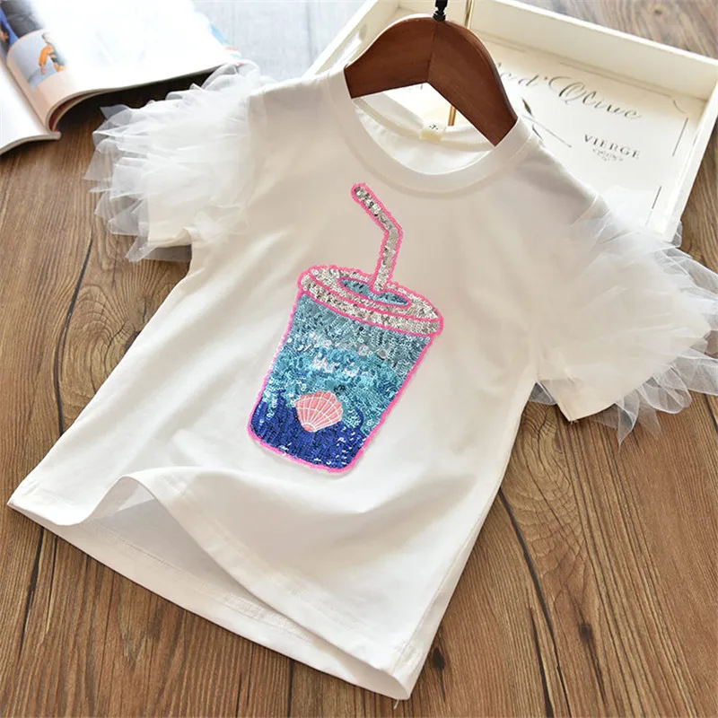 

2021 New Hot Sell Summer girls t shirt Baby tee kids tops Children fashion clothes milk cup bling sequins top tees