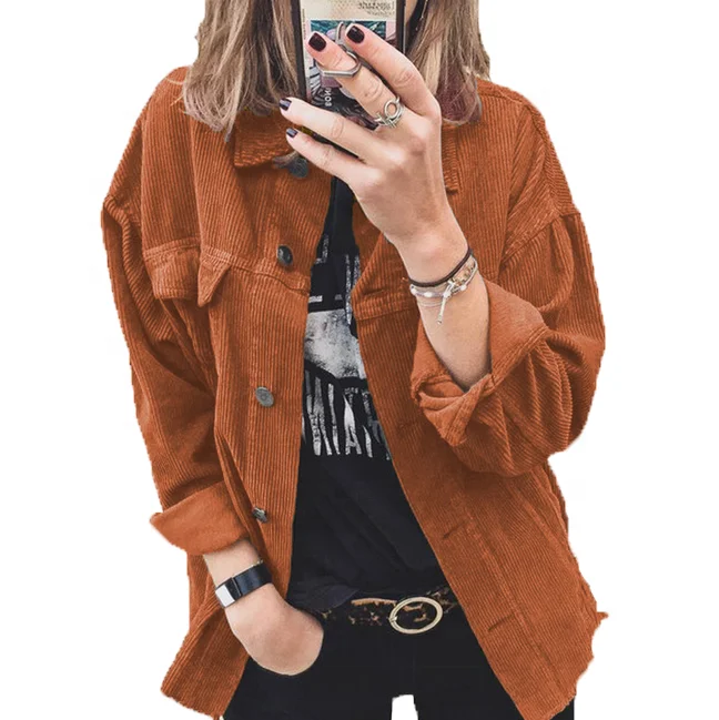 

New style solid color corduroy turn down collar button down chambray women jacket blouse, As picture