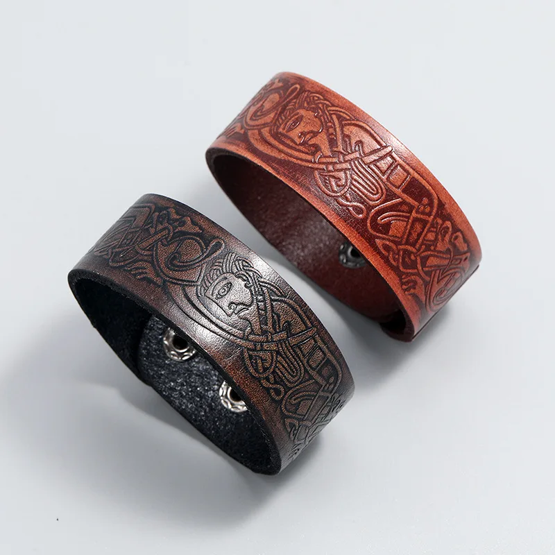 

Handmade Men Bracelet With Pattern Imprint Genuine Leather Bracelet Thick Bracelet Bangle