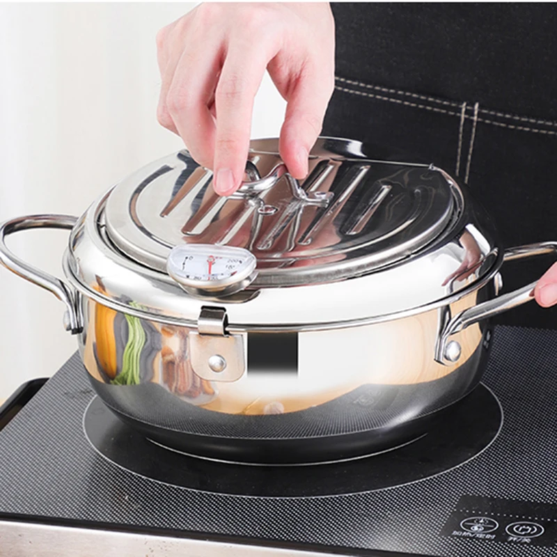 
VICTORE #304 stainless steel Japanese style deep fryer pan with lid thermometer kitchen cookware pots 