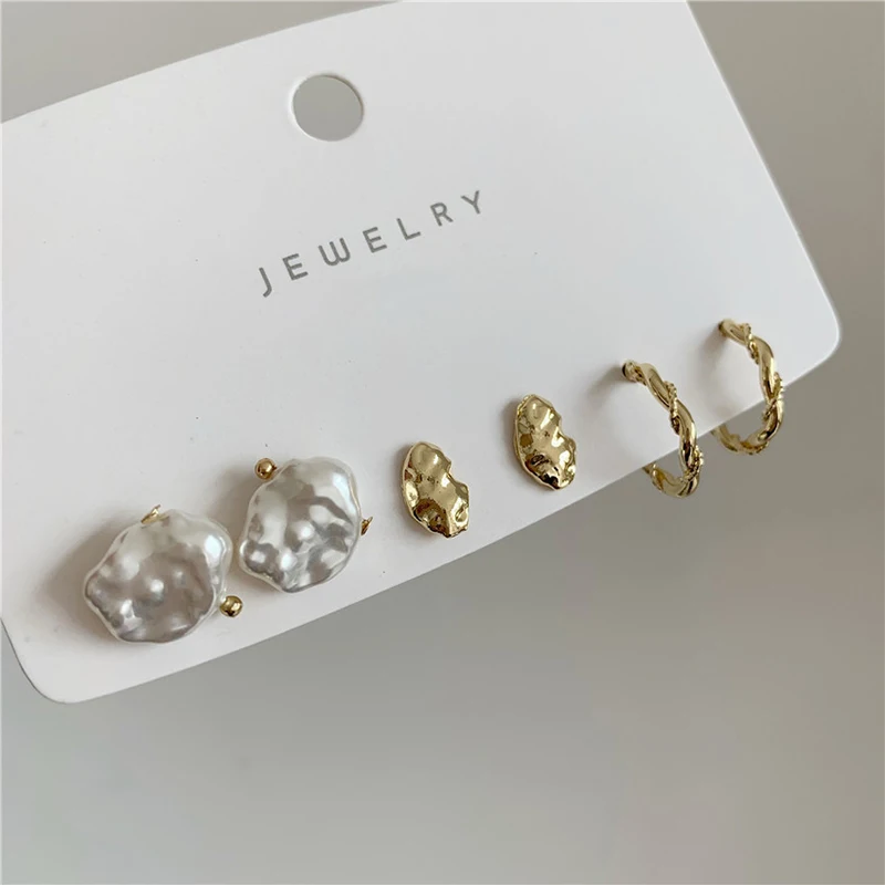 

3 Pairs/Set Gold Color Twisted Irregular Earrings Faux Pearl Geometric Earrings for Women Minimalist Small Earrings