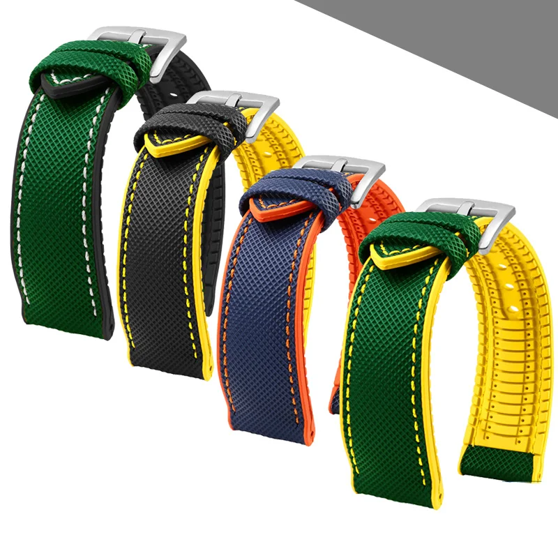 

New Yellow FKM Watch Bands 18mm 20mm 22mm 23mm 24mm Nylon Sailcloth Rubber Hybrid Watch Strap for 21mm Seamater Diver Watch