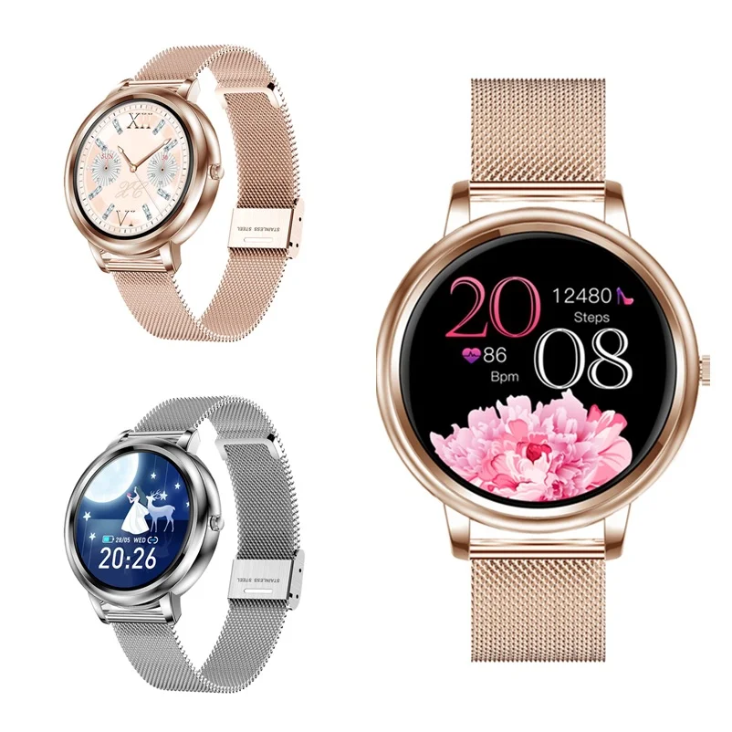 

MK20 Ladies Smart Watch Full Touch Control Round Screen Women Smartwatch Lady Health Tracking Watch Bracelet For IOS Android, Silver steel strip/rose gold steel strip/silver belt/pink belt