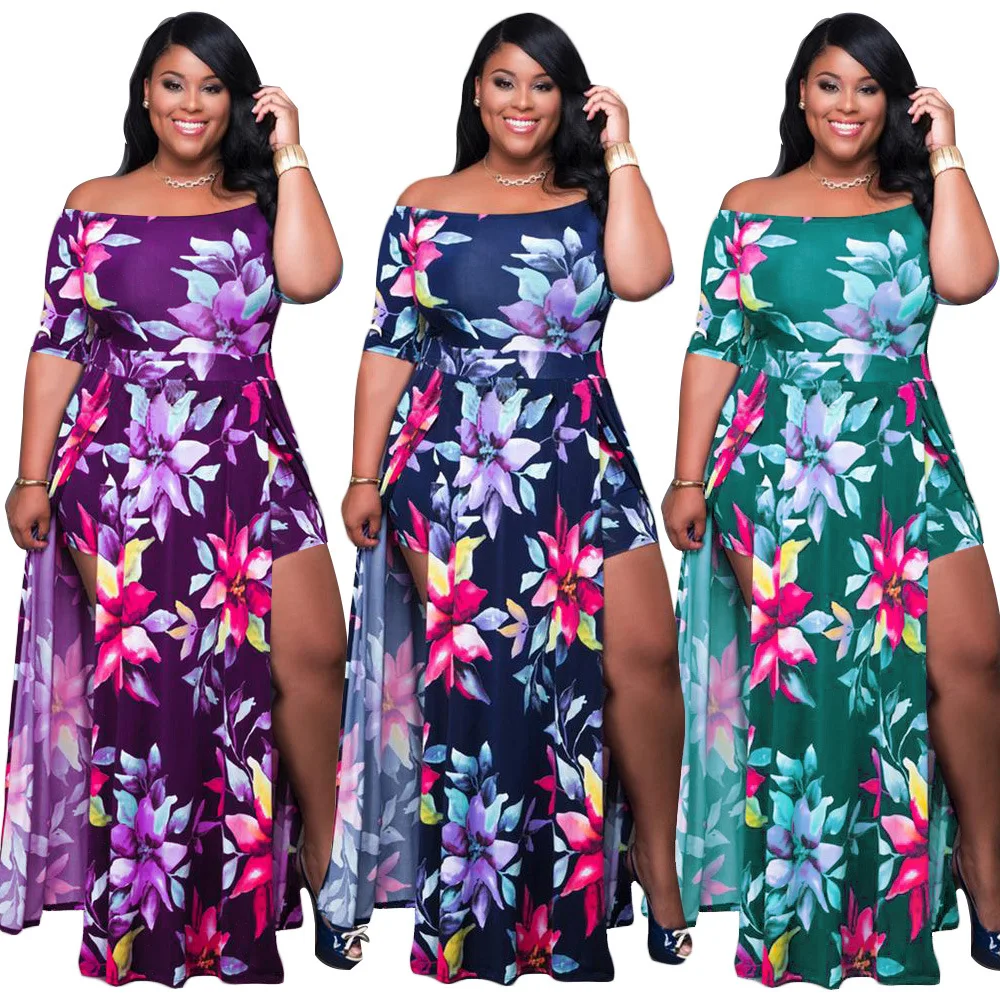 

New Arrive Spring Fall Women Clothing Plus Size Floral Layered Ruffle Off Shoulder Dress, Dark blue, green, purple