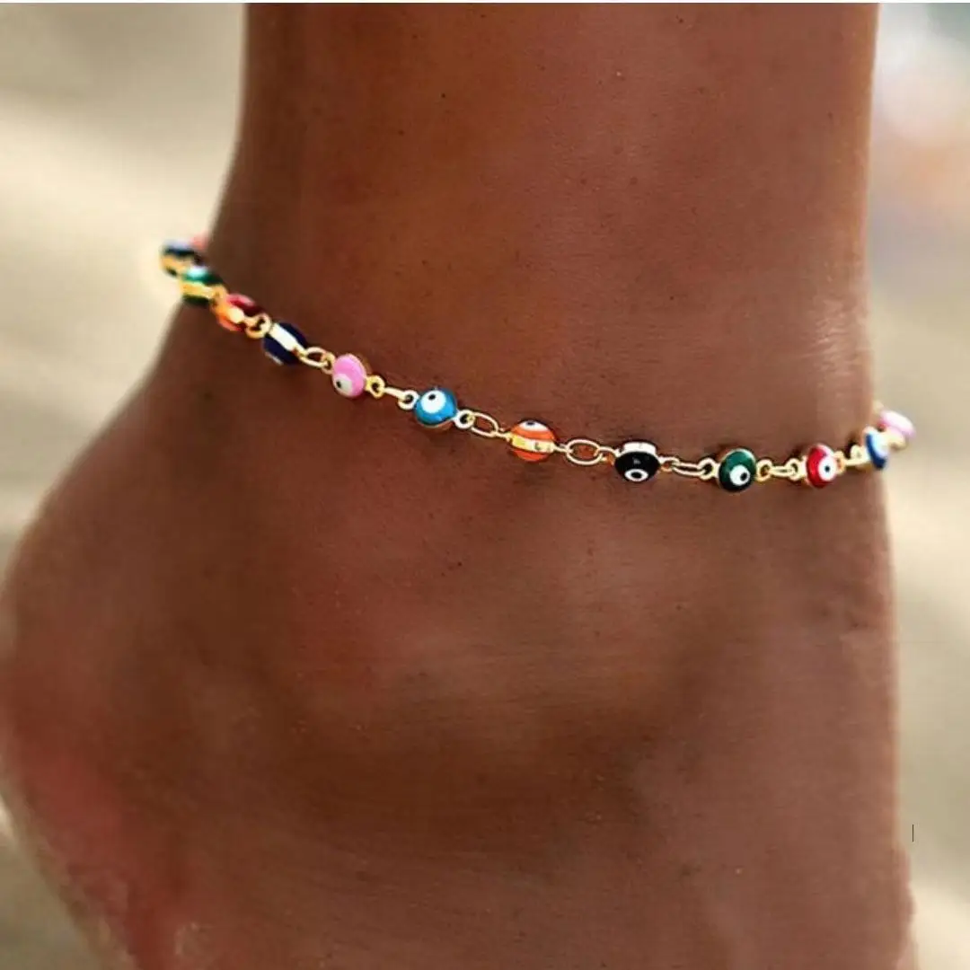 

Simple boho beach turkish layered evil eye anklets necklaces adjustable, Picture shows