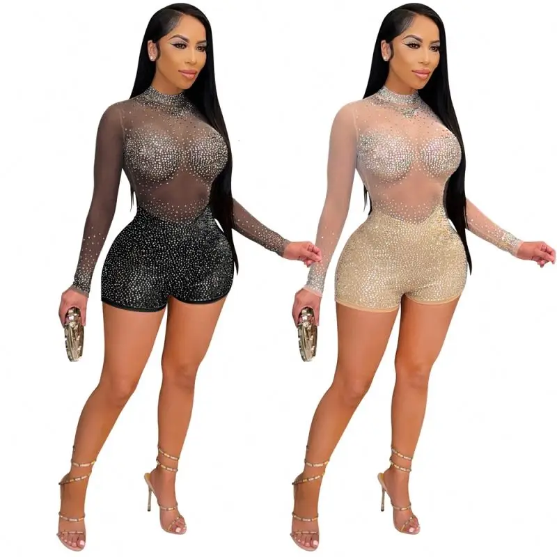 

S-2XL New collections long sleeve mesh short rompers womens see through sequined playsuit women sexy plus size playsuit women
