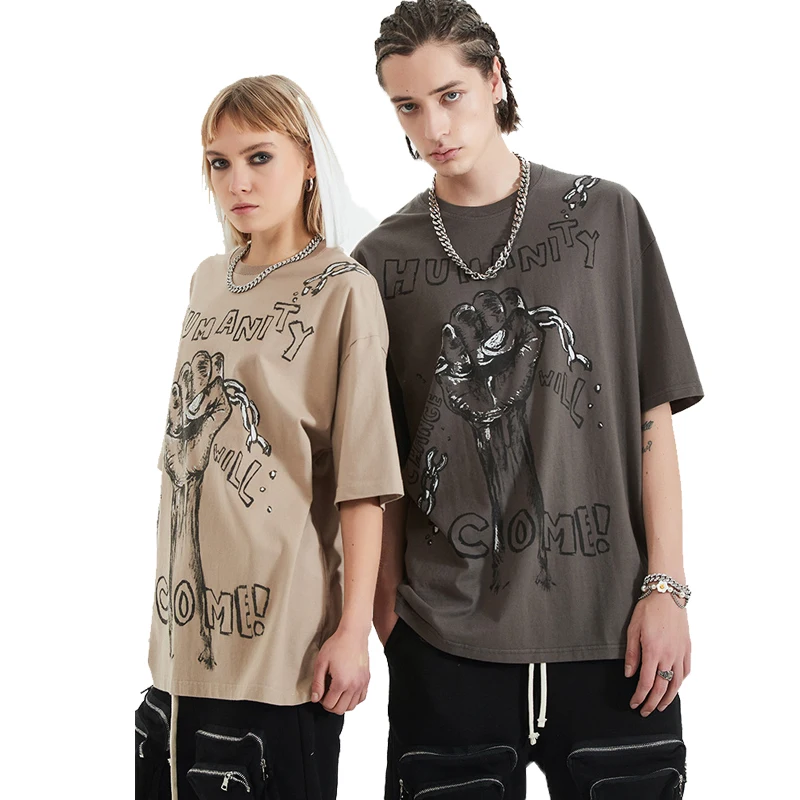 

2021 Spring And Summer Pure Cotton Break Through Shackles Printed Short Sleeve Retro Street Fashion T Shirt, Customized colors