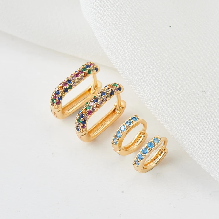 Trendy Geometric Jewelry 14K Gold Plated Pave Blue CZ Round Hoop Color Rainbow CZ Rectangle Hoop Earrings