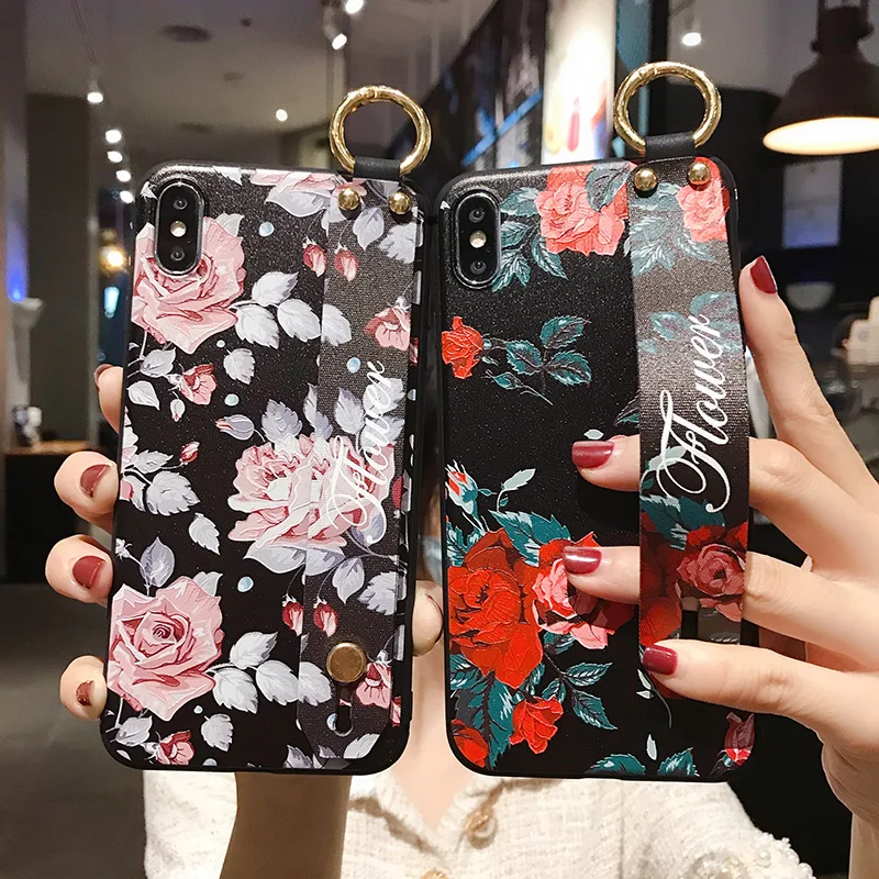 

Flowers Wrist Strap Holder Phone Case For iPhone 12Pro 11 X XR XS Max 7 Plus bracket cover For Samsung S20Ultra S10 soft coque