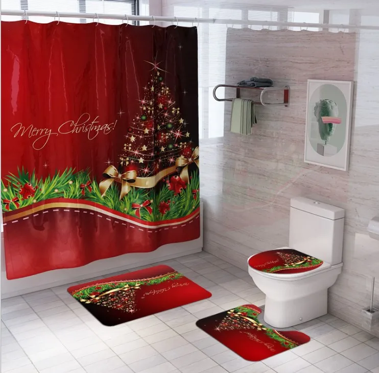 
Christmas Bathroom Shower Curtain Mat Set 4 pieces Waterproof Toilet Cover Mat Non Slip Rug Shower Curtain For Xmas Decoration  (62586276768)