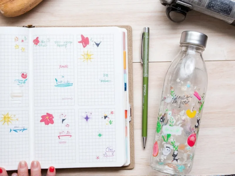 Creative DIY sticker variations on notebook and water bottle