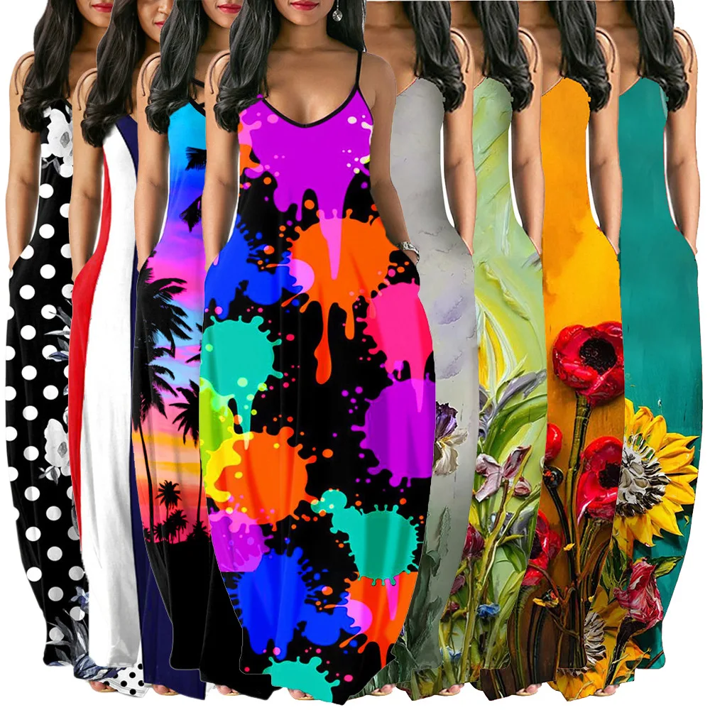 

Women's Floral Casual Loose Pocket Long Dress Sleeveless Summer Split Maxi Dresses
