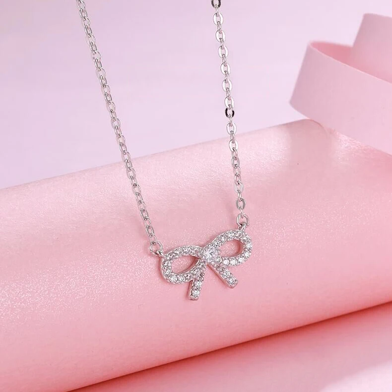 

Manufacturer direct sale KYNL079 3A Zircon Bowknot Shape Necklaces For Women, Silver