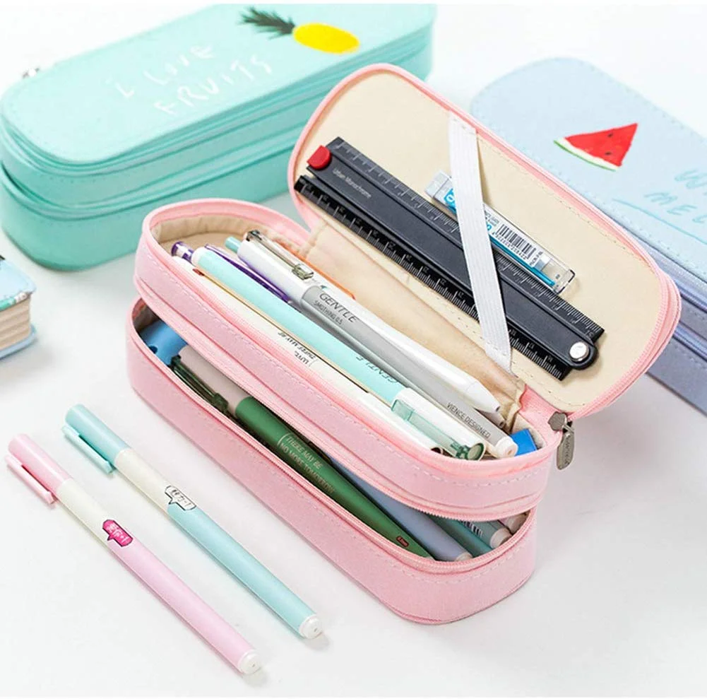 Pencil Pouch Double-Layer with Zippers Canvas Pencil Cases Organizer for Girls Boys