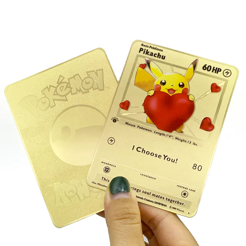 

Amazon Best Selling RTS Basic Pokemon Pikachu I Choose You heart Gold Metal Pokemon Cards New Trading Cards Game