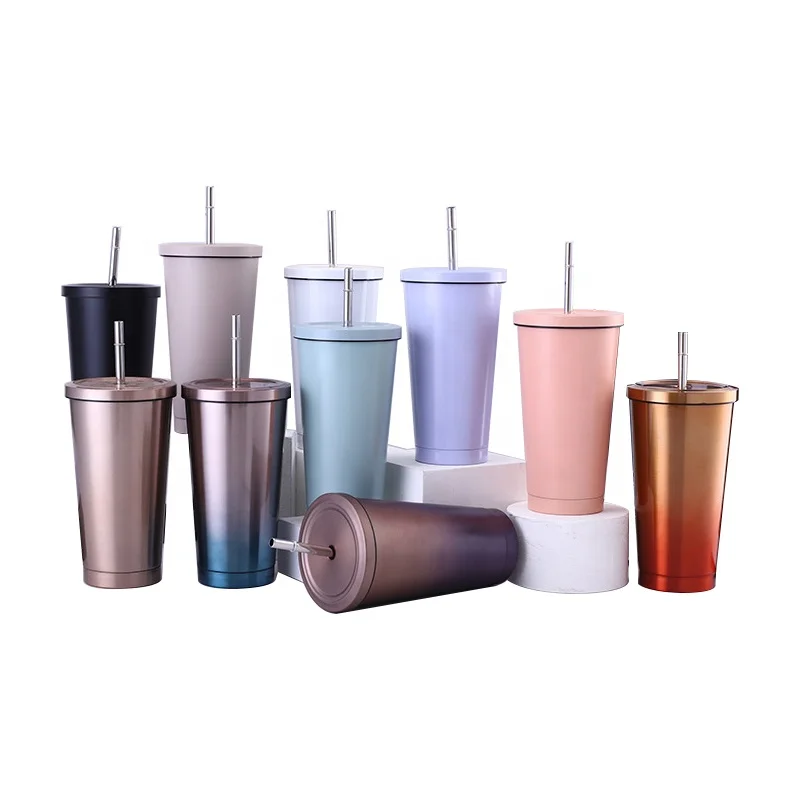 

500ml Stainless Steel Vacuum insulated double wall cofee costom tumbler cups in bulk thermo with straw in stock, Blue, pink, rose gold, gold, silver, purple, custom