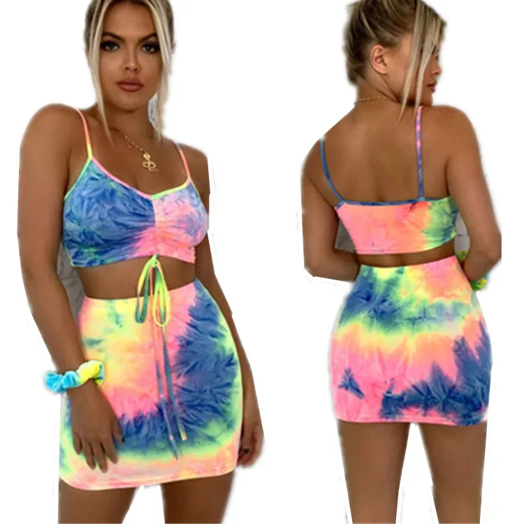 

Strip Cute Sleeveless Mini Dress Wear Tie Dye Short Skirts Two Piece Female Suit 2 Piece Set Women Skirt Set