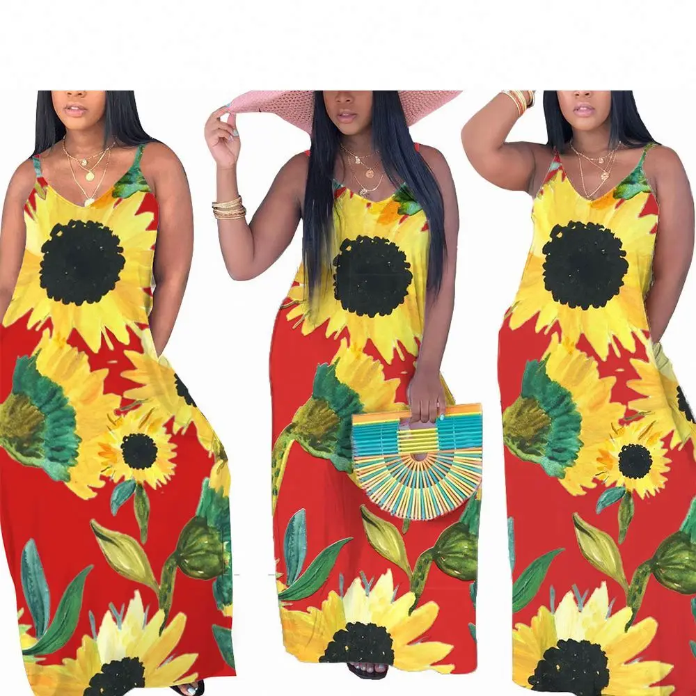 

2020 Wholesale Floral Print Sleeveless Women Casual Plus Size Loose Maxi Dress