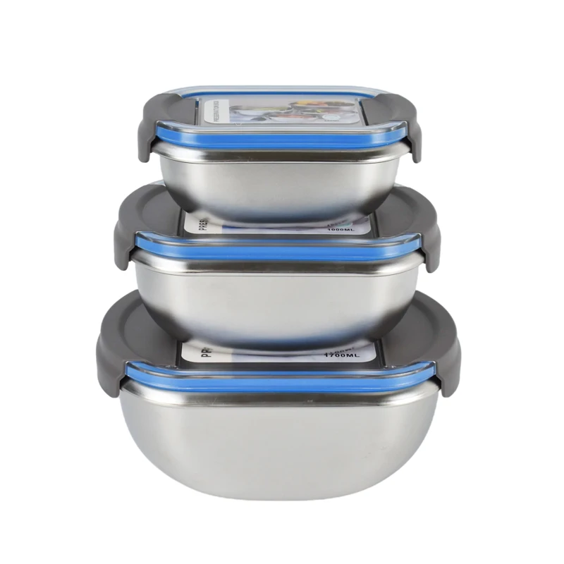 

New Design 500ml 1000ml 1500ml 2800ml 4500ml Set of 5 Freezer Safe Stainless Steel Food Storage Container With PP lid With Lock, Blue