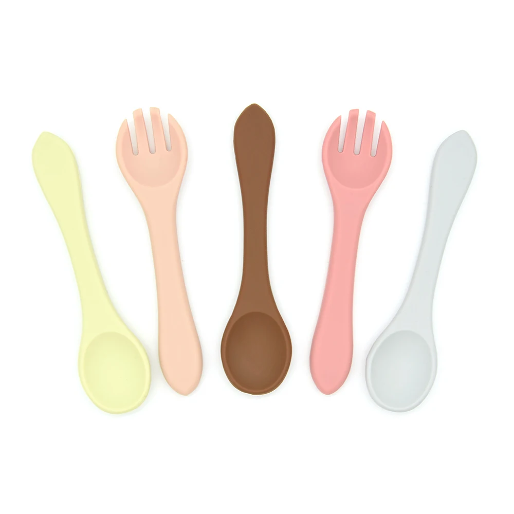 

BPA free Infant First Stage Self Feeding Training Spoon and Fork Toddler Led Weaning Silicone Baby Food Utensils Set, Blue, pink