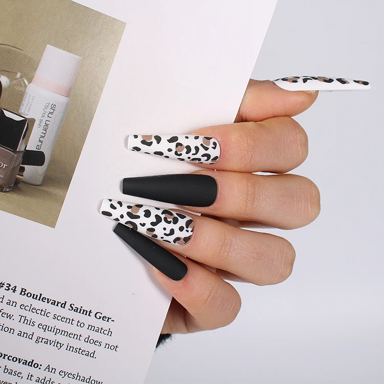 

Ballerina Customize Press On Nails Matte Black And White Leopard Grain False Nails Extra Long Coffin Nails, As photo