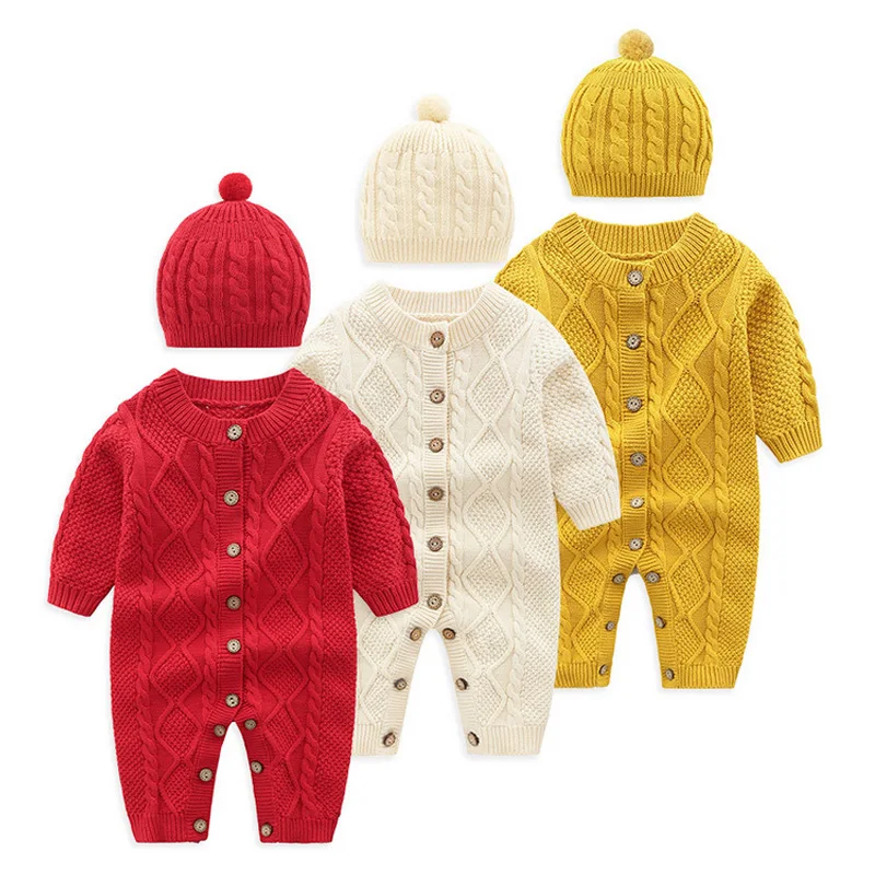 

2020 Autumn Knitted Newborn Baby Clothes Cotton Autumn Winter Baby Romper With Hat Infant Toddler Jumpsuit For Girls Boys Set, As picture