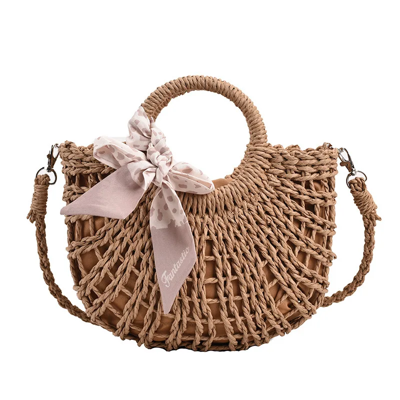 

Eco-Friendly Half Circle Straw Bag Silk Scarf Rattan Woven Handbag Ladies Hollow Messenger Beach Bags, Beige