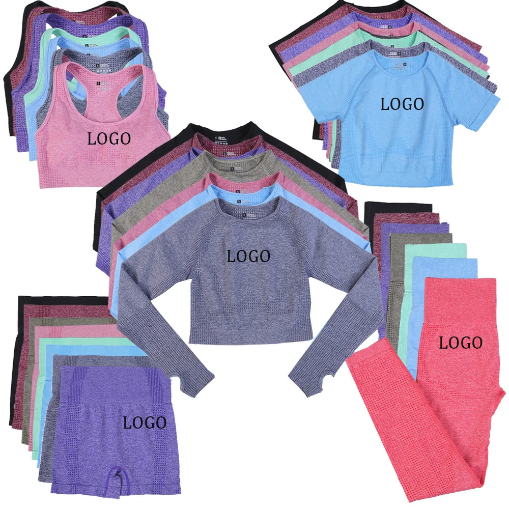 

2020 Seamless Short/Long Sleeve Crop Top High Waist Shorts Leggings 5 pcs Sports Suit Women Yoga Set, Available