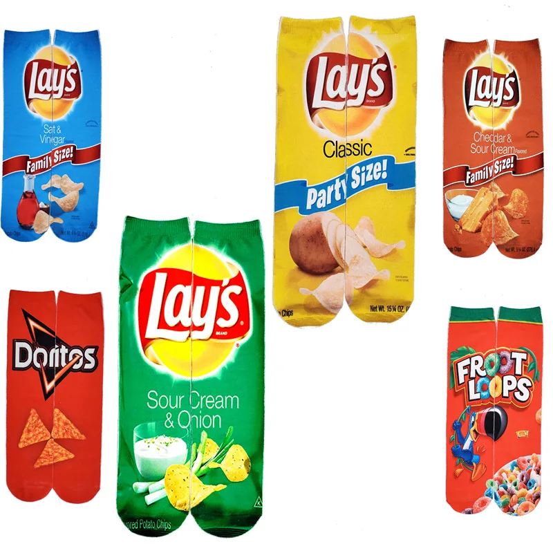 

Fast food puffed food snack chips lays potato fries cheeto pringles cereal unisex crew 3d printing blank sublimation socks, Custom color