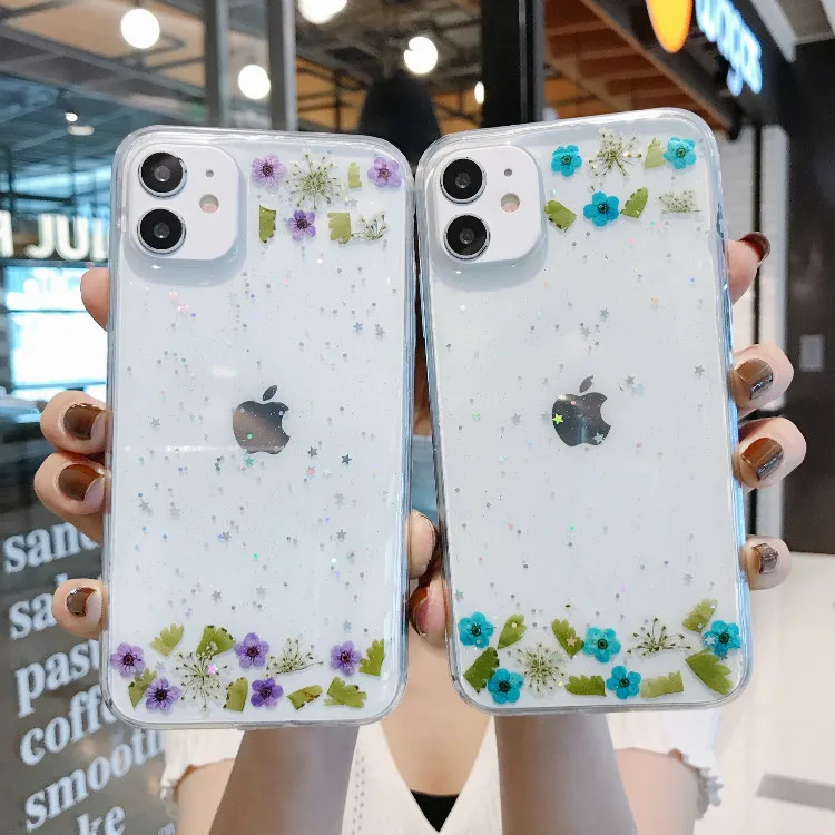 

Real Flower Case For iPhone 12 pro max 11 Pro X XS 7 8 3D Clear Sparkle Bling Sequin Cover, Colorful