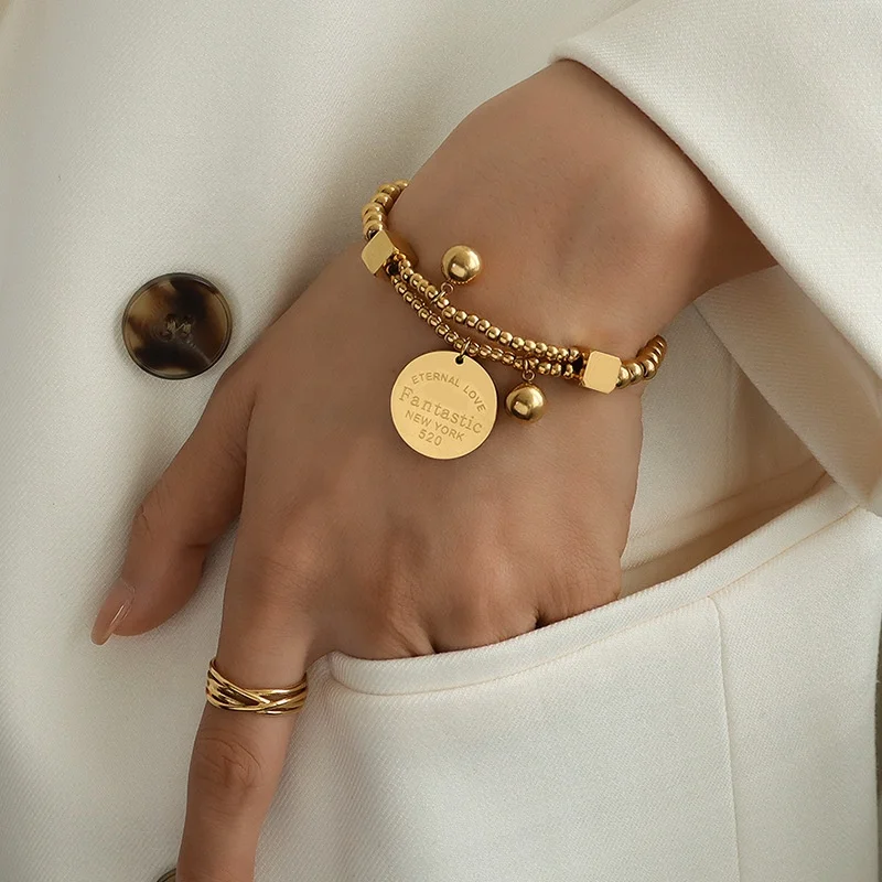 

18K Gold Plated Jewelry Coin Bracelet Elastic Cord Stainless Steel Round Gold Bead Bracelet