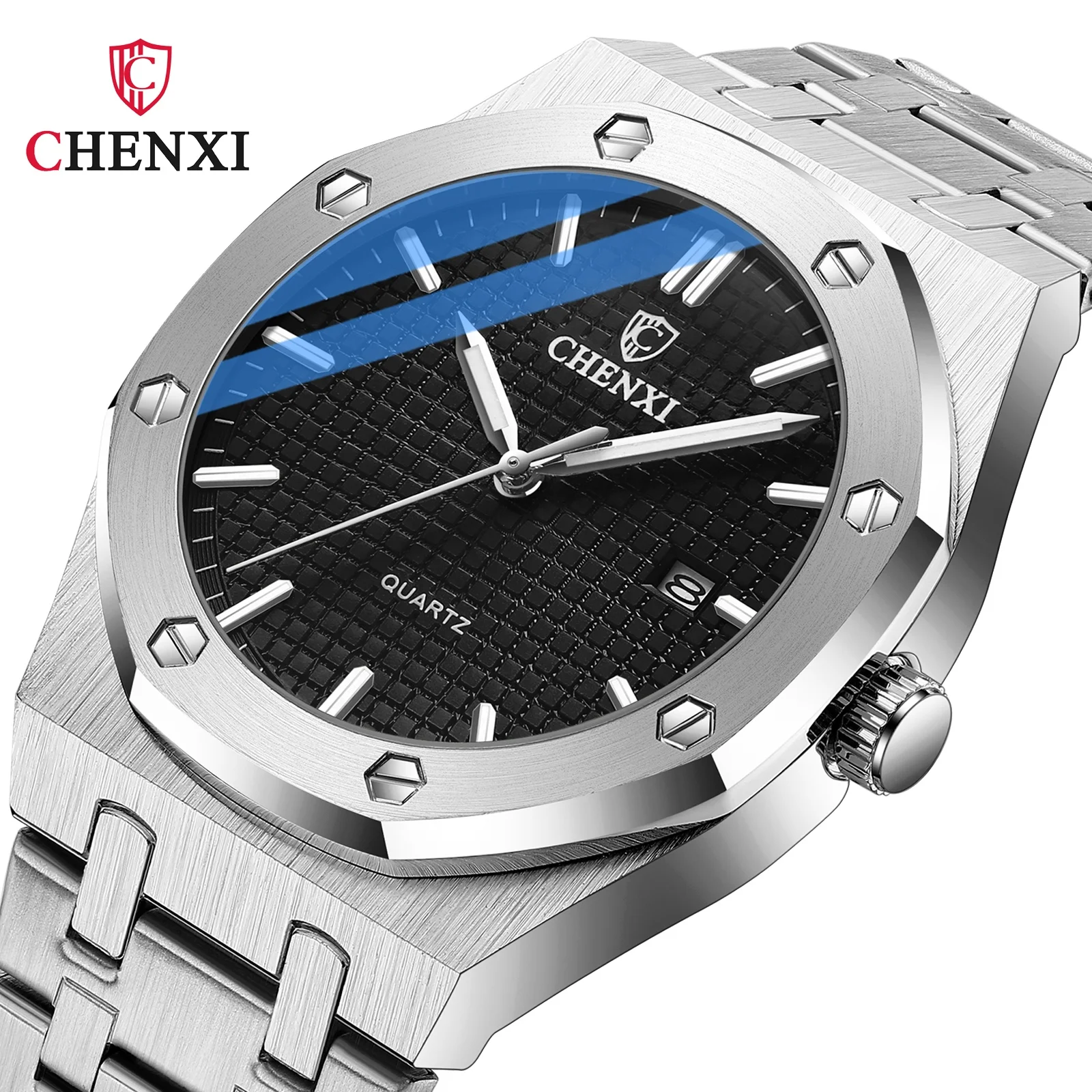 

Quartz Watch Brands Mens Calendar Dial Stainless Steel Strap Black Octagon High Quality Sports Wrist Watch Men Luxury, Mix