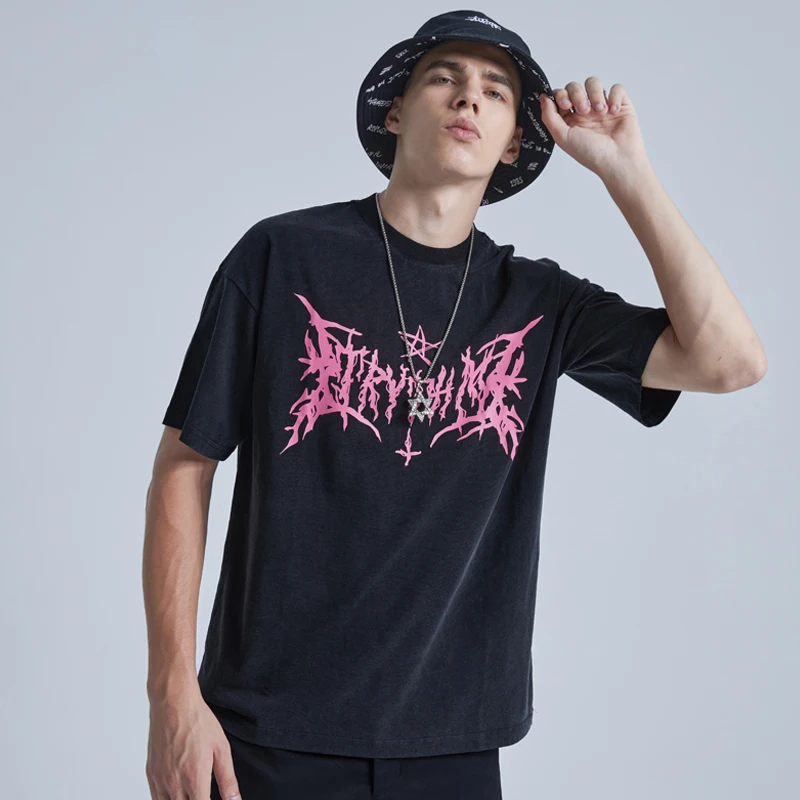 

Cheap Streetwear T Shirt Retro Graffiti Print Short Sleeve Wash Casual Men's Tshirts