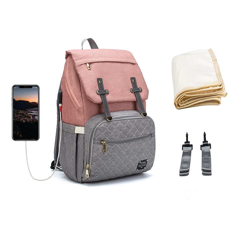 

Lequeen new patchwork Lingge waterproof maternity nappy changing baby diaper bag backpack with changing mat USB stroller hook