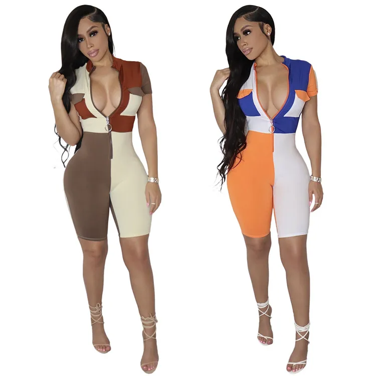 

Trendy Ladies Bodycon Jumpsuits Short Sleeve Patchwork Zipper Spring Women Shorts Rompers, Photo shows