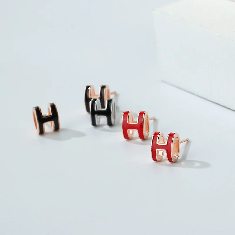 

Rose Gold Stud Earrings New Brand Lover Jewelry Original Quality 925 Silver Enamel H Letter Earrings for Women, Gold &silver