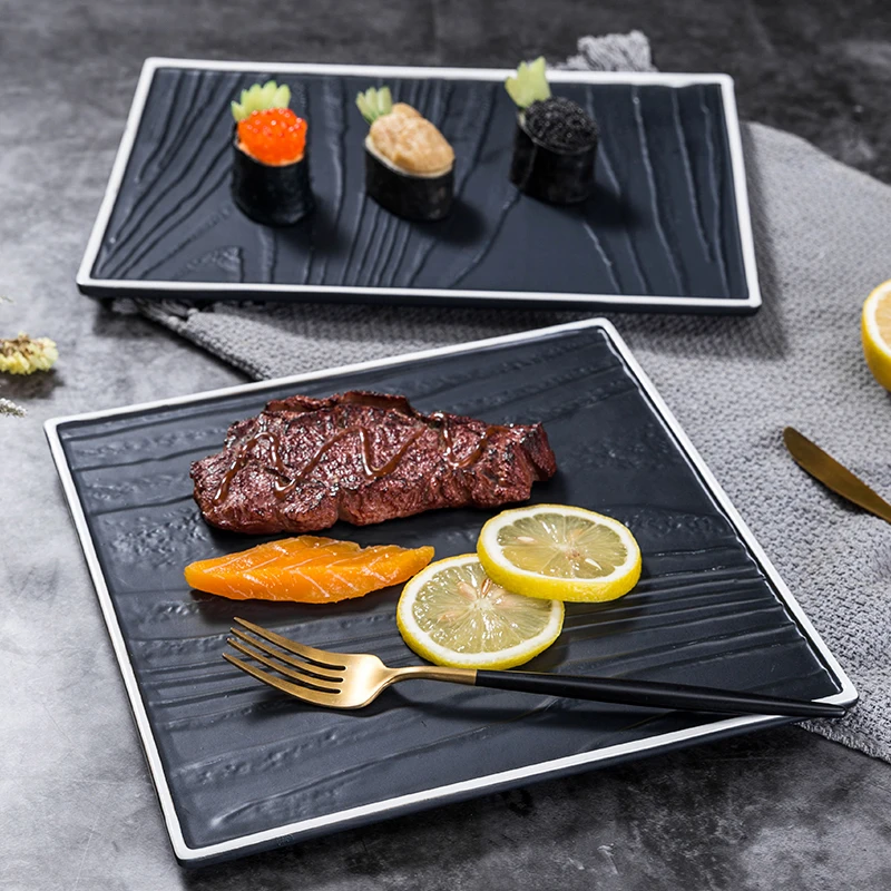 

Best 9.75-18.5 inch New black and white line plate Rectangle Round Square Porcelain Dinner Plate Restaurant Dish for Steak