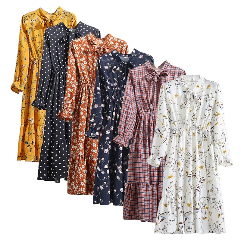 

2021 Summer Women Vintage Floral Printing Chiffon Long Sleeve Casual Dresses, Customized color