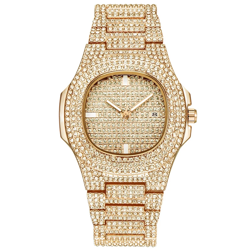 

Hot sales Hip Hop Iced Out Gold Color Quartz Wristwatch Luxury Full Diamond Round Men Watches (KWT2193), As the picture