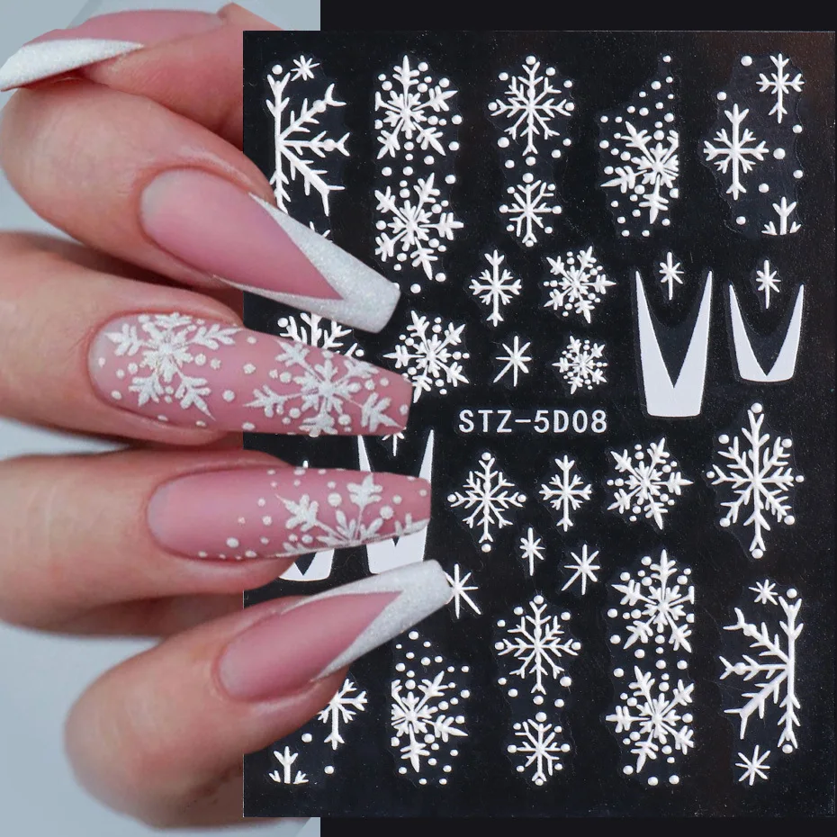 

Embosed White 5d Winter Nail Art Decoration Sticker Embossed New Year Decals DIY Engraved Snowflakes Xmas Sliders Nail Design