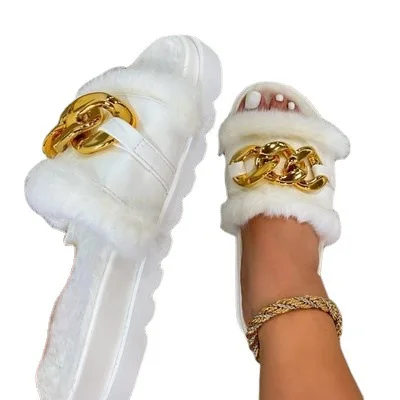 

2021 Amazon Hot Selling Ladies Slippers Round Toe Open Toe Platform Chain Fur Slippers Women