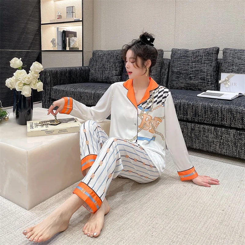 

2022 New Design Women's Fashion pajamas Ice silk lapel Girls sleepwear Striped printed long sleeve Women's home Night suit, Orange