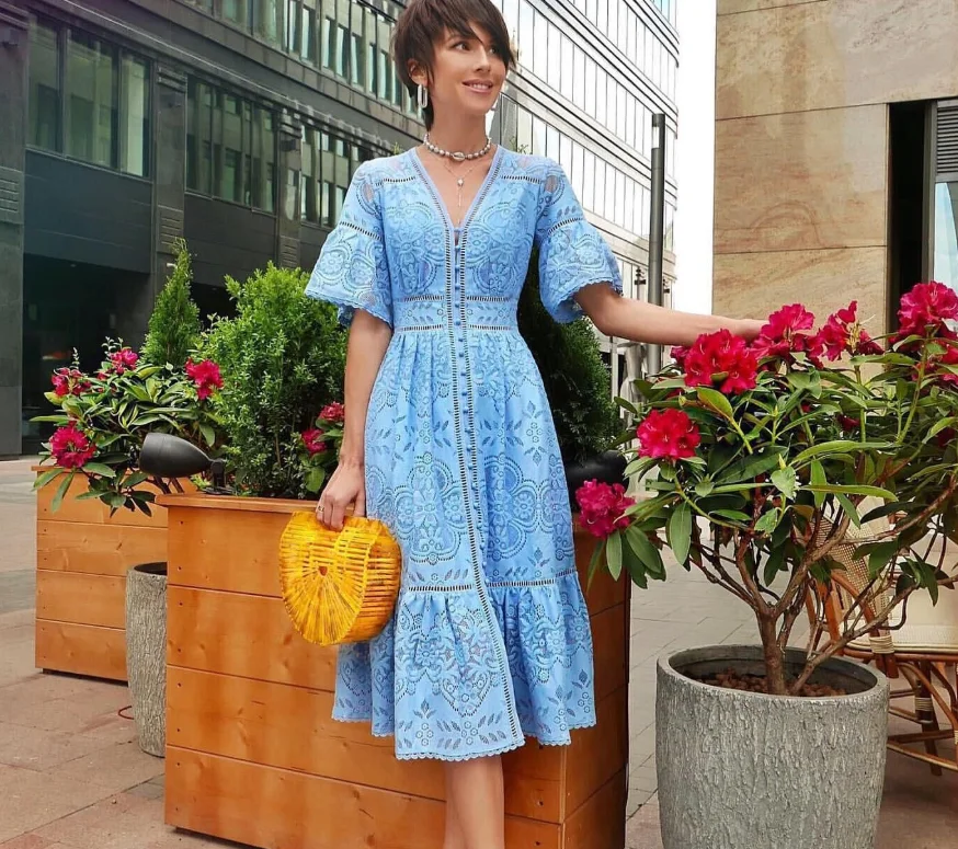 

High quality Short Sleeve V Neck Fashion Summer Casual Midi Dresses Sexy Boho Women Clothing Lace Dress, White/blue/pink