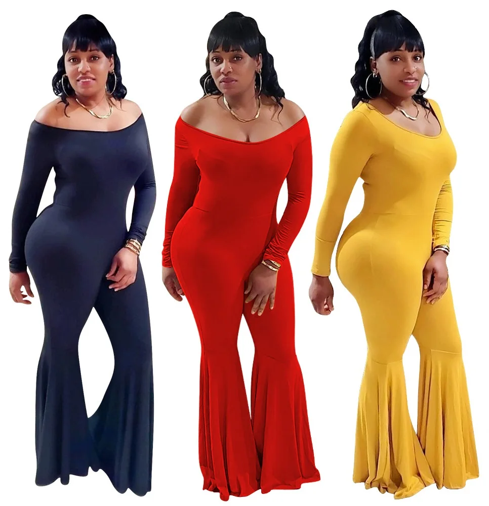 

Fashion Off Shoulder Slim Flared Pants Long Sleeve Romper Wide Leg Pants Woman One Piece Jumpsuit