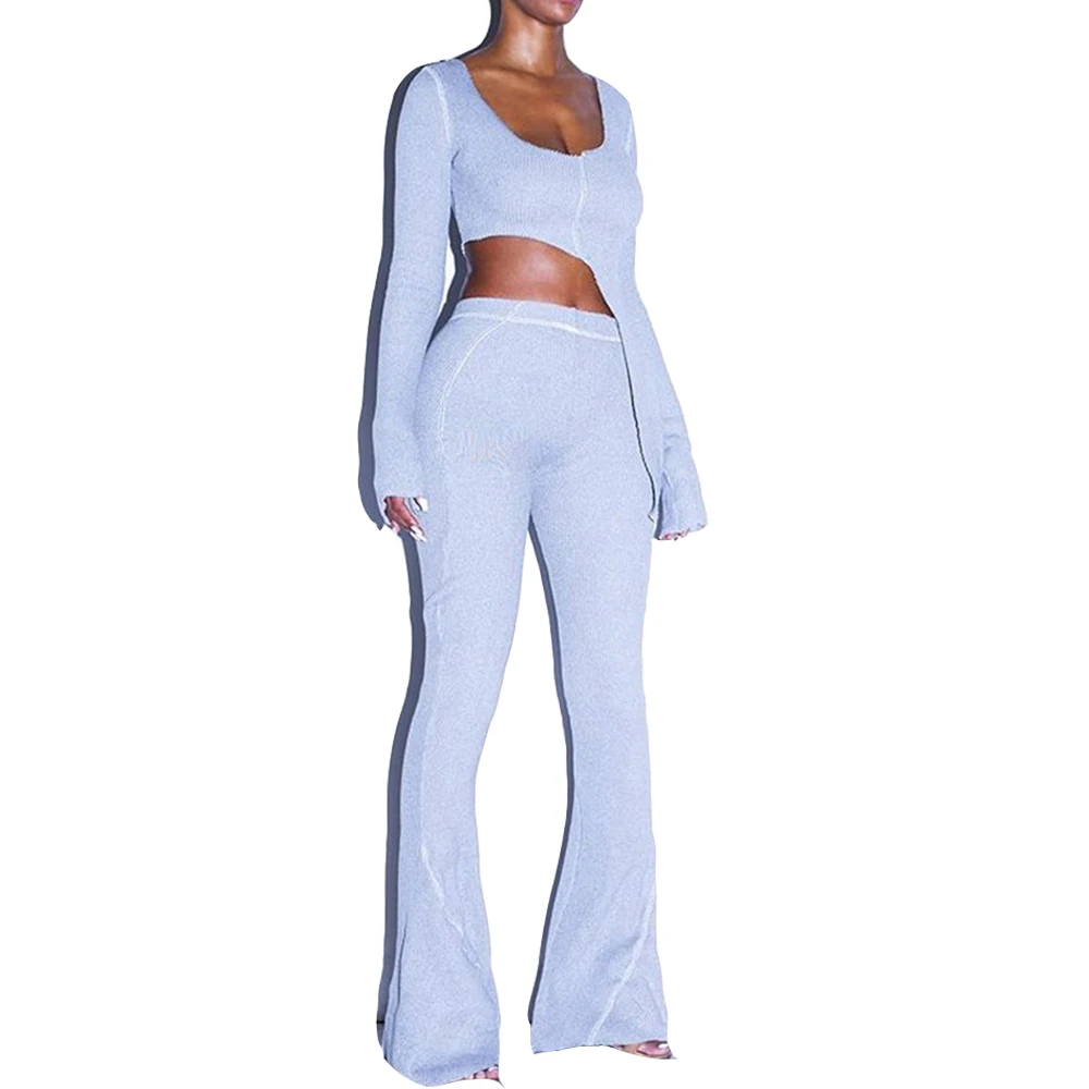8187 Women sets European fashion ladies long sleeves clothing sexy two piece set pure color knit pants suit