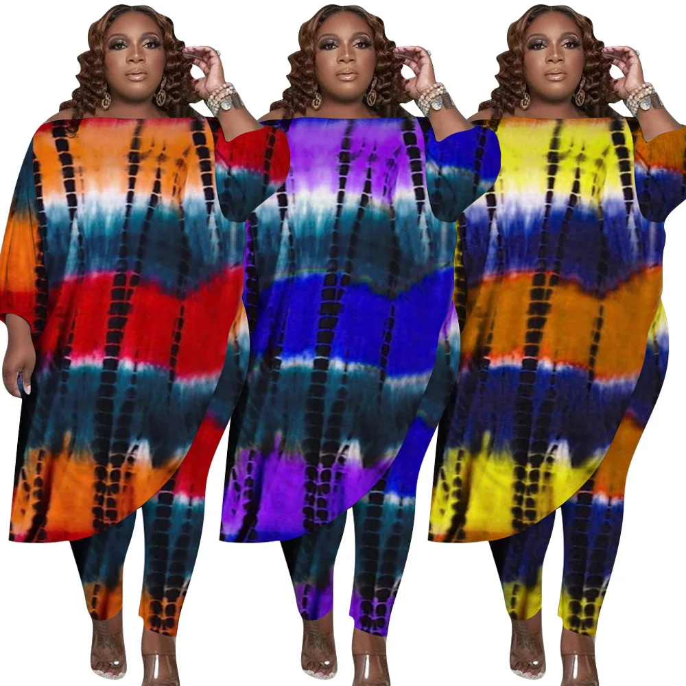 

fall 2021 women clothes plus size woman two piece sets Tie dye printing loose oblique shoulder irregular big swing two-piece set, As picture