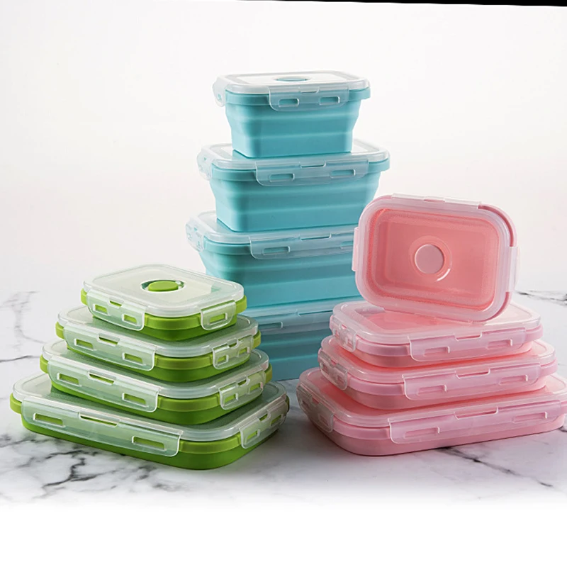 

Amazon Top Seller Kitchenware Customized New Round Silicone Food Container Foldable Collapsible Lunch Box, Blue, red, green, pink, grey blue