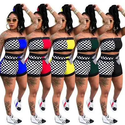 

2021 Two Piece Patchwork Gym Tube Top and Pants Biker Shorts Sets Summer Outfit Clothing 2 Piece Set Women, 4 colors